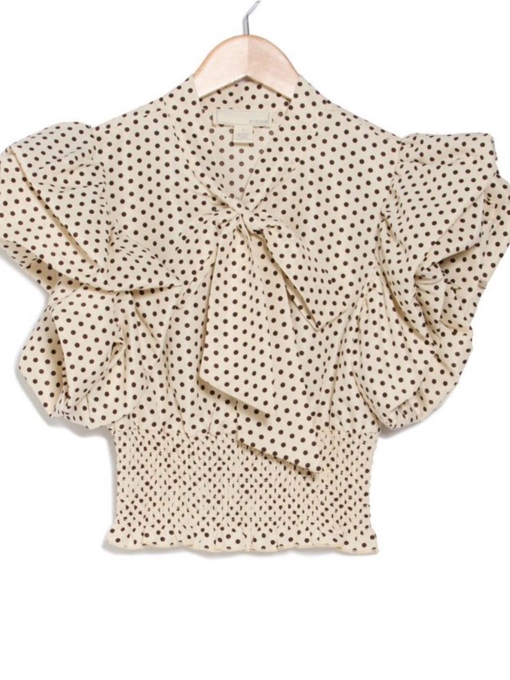 Rich & Famous Tie-Neck Smocked Waist Polka Dot Blouse in Cream and Brown